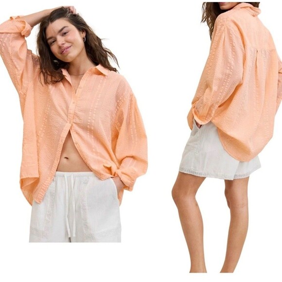 Aerie Tops - Aerie Seersucker Peach Coverup Oversized Textured Button Down Sz Xl Preppy Beach